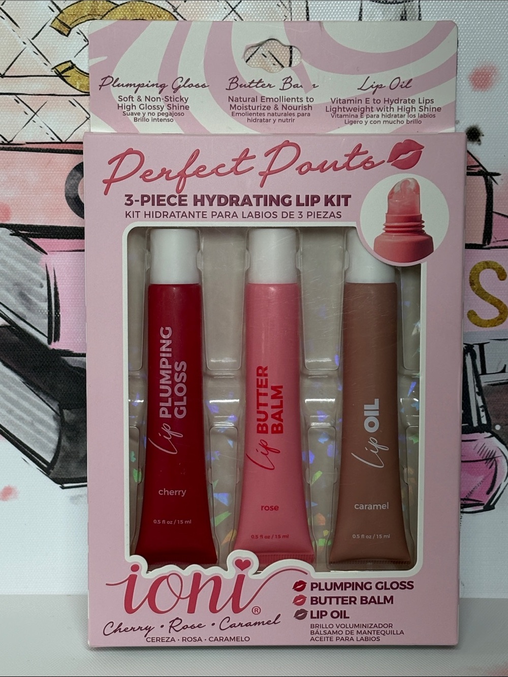 Perfect Pouts 3-Piece Hydrating Lip Kit — Cherry, Rose & Caramel